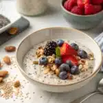 Overnight oats with chia seeds in a mason jar topped with berries