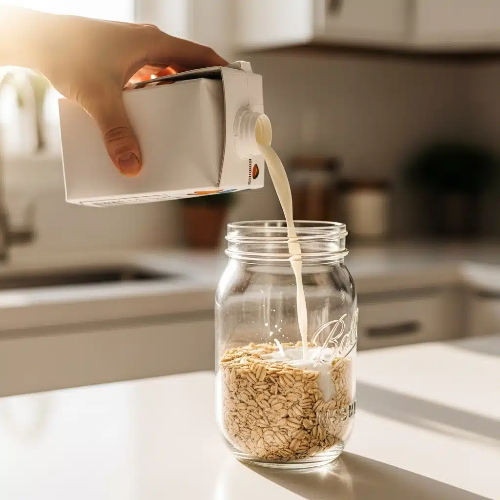 3‑Ingredient-Overnight-Oats : Pouring almond milk into oats for easy prep