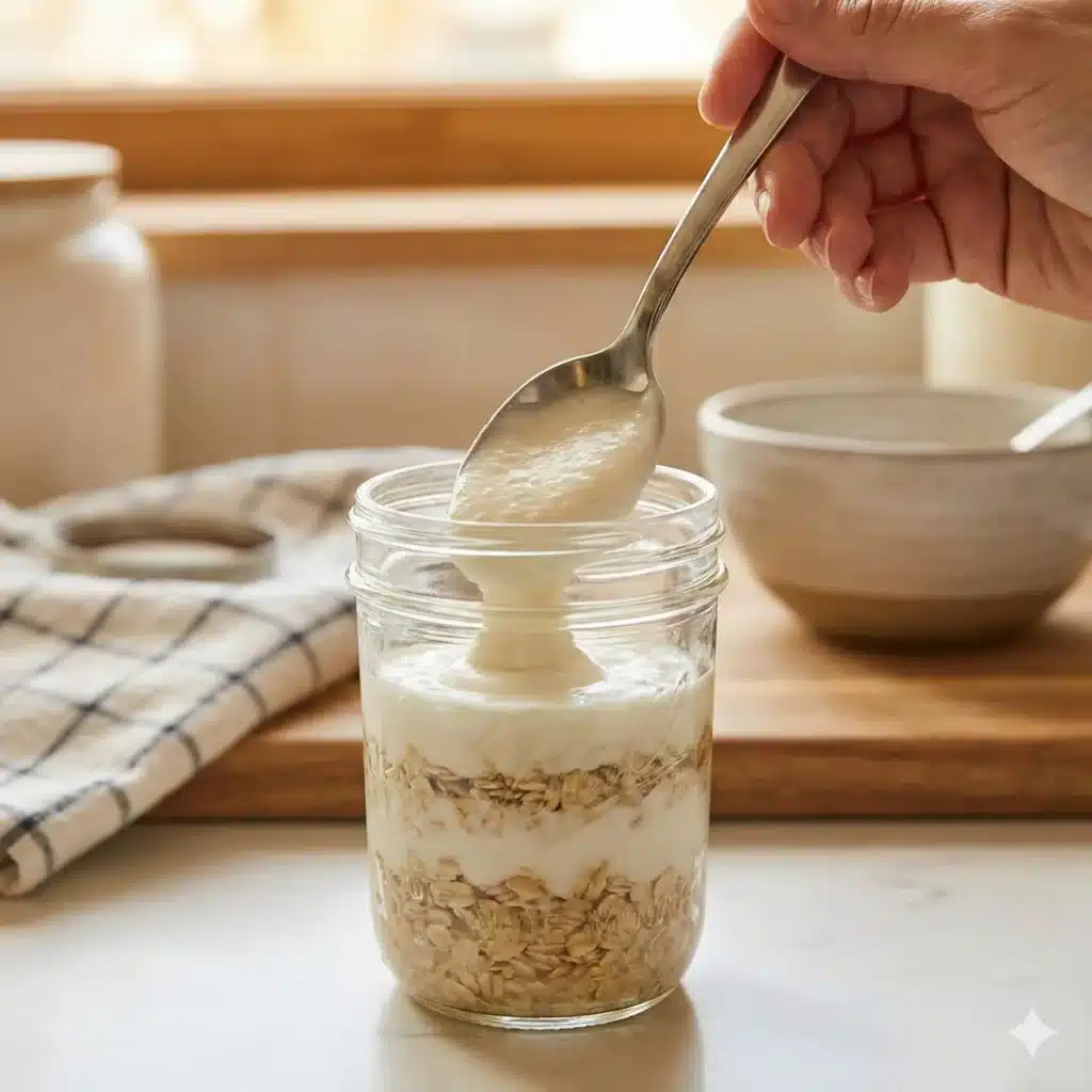 Layering tiramisu overnight oats with yogurt