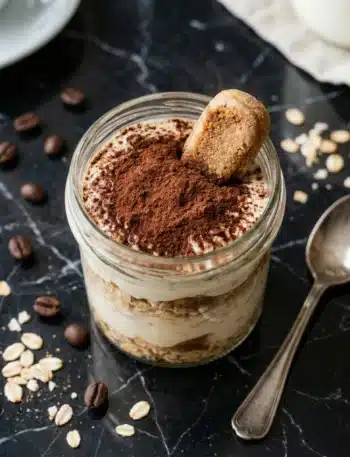 Tiramisu overnight oats with protein in a jar