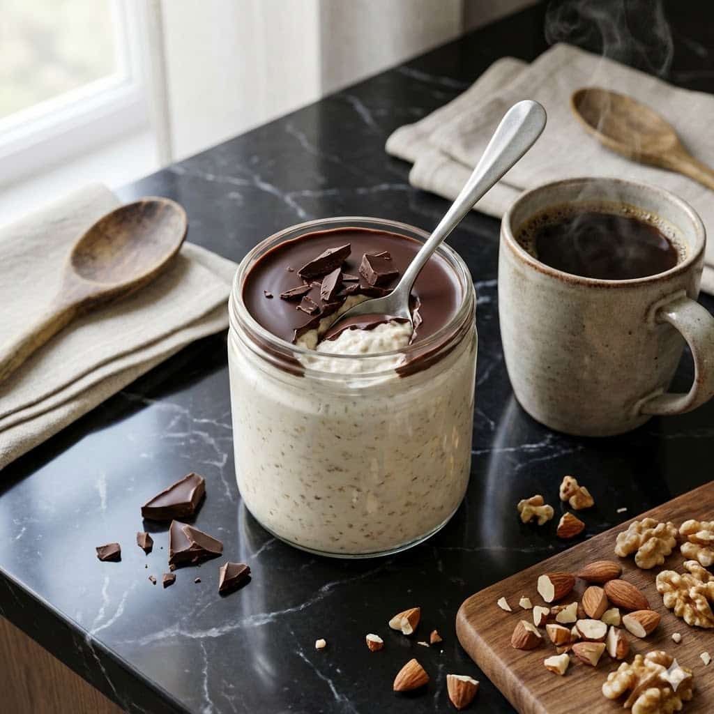 Served keto overnight oats with cracked chocolate top