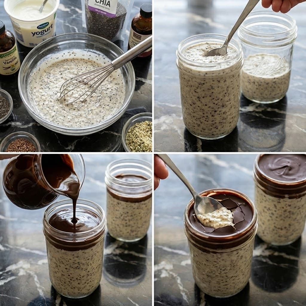 Stirring chia seeds and cocoa into almond milk