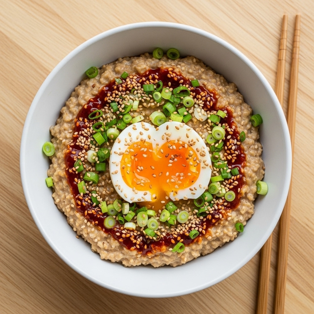 savory oats bowl with chili oil and egg