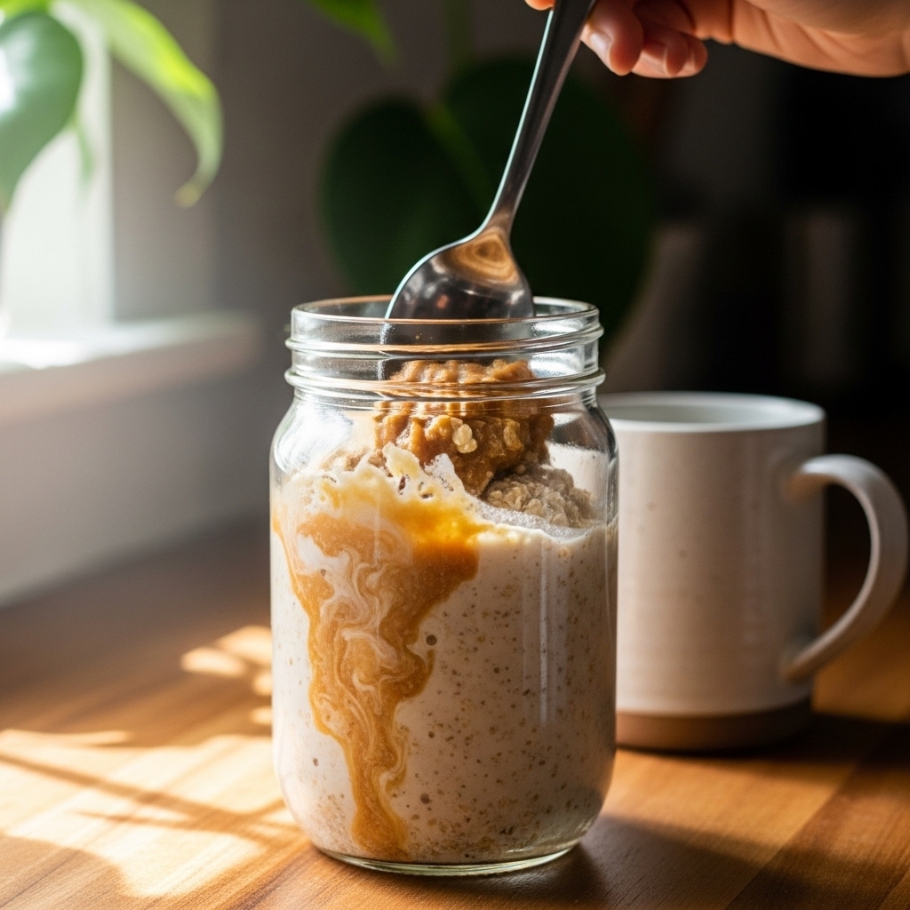 stirring Savory Miso Overnight oats with miso mixture