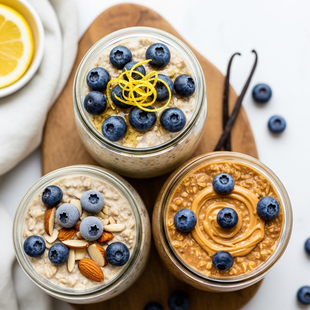 Three jars of blueberry gelatin overnight oats in lemon, vanilla almond, and peanut butter flavors