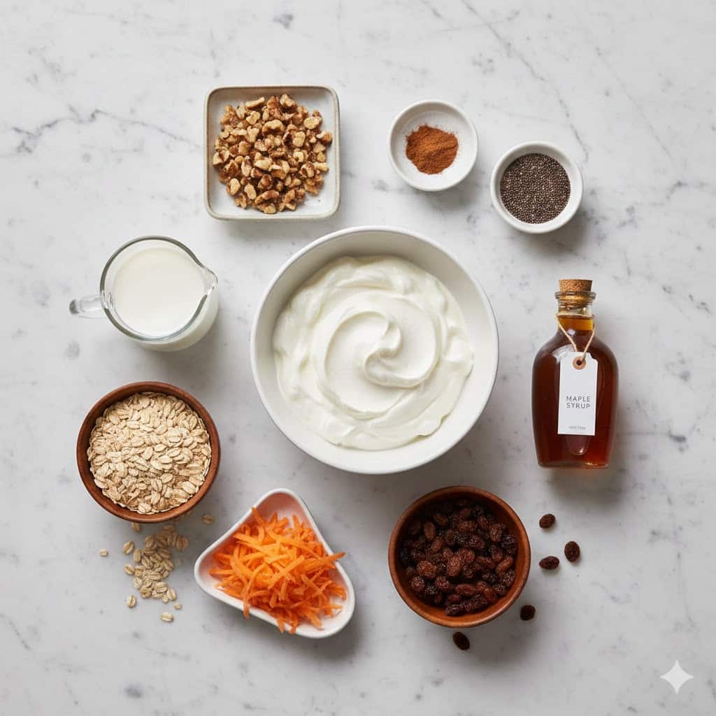 Ingredients for carrot cake overnight oats arranged on a counter