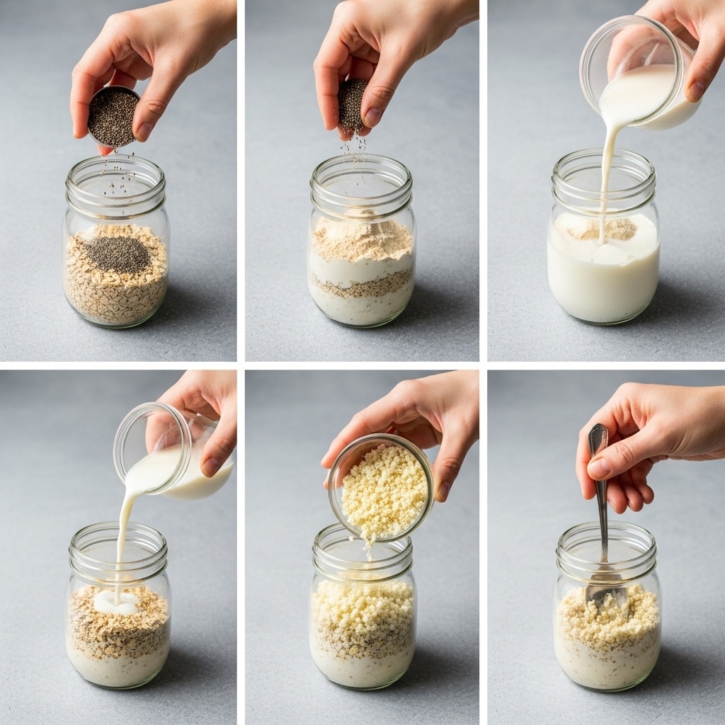Hands layering and mixing cauliflower rice overnight oats in a jar