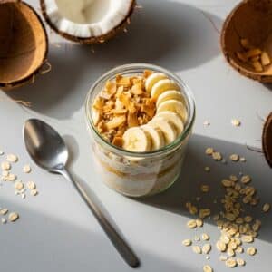 Coconut cream pie overnight oats with coconut flakes and banana