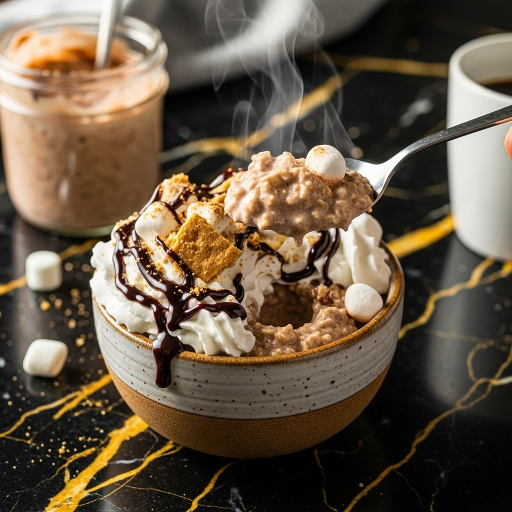 Spoonful of creamy hot cocoa overnight oats topped with whipped cream and chocolate drizzle