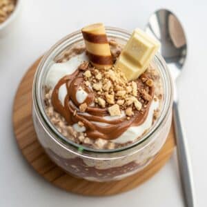 Kinder Bueno overnight oats base topped with wafer and white chocolate