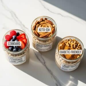 low carb overnight oats in three jars with toppings and nutrition labels