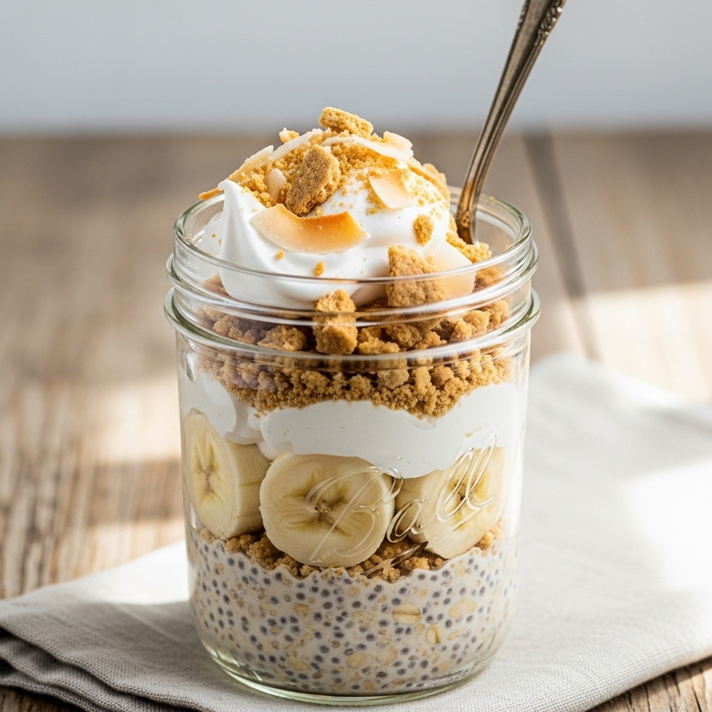 Coconut cream pie overnight oats served with graham cracker topping