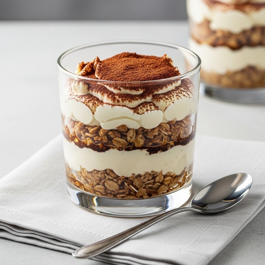 Tiramisu protein oats served in glass with cocoa topping
