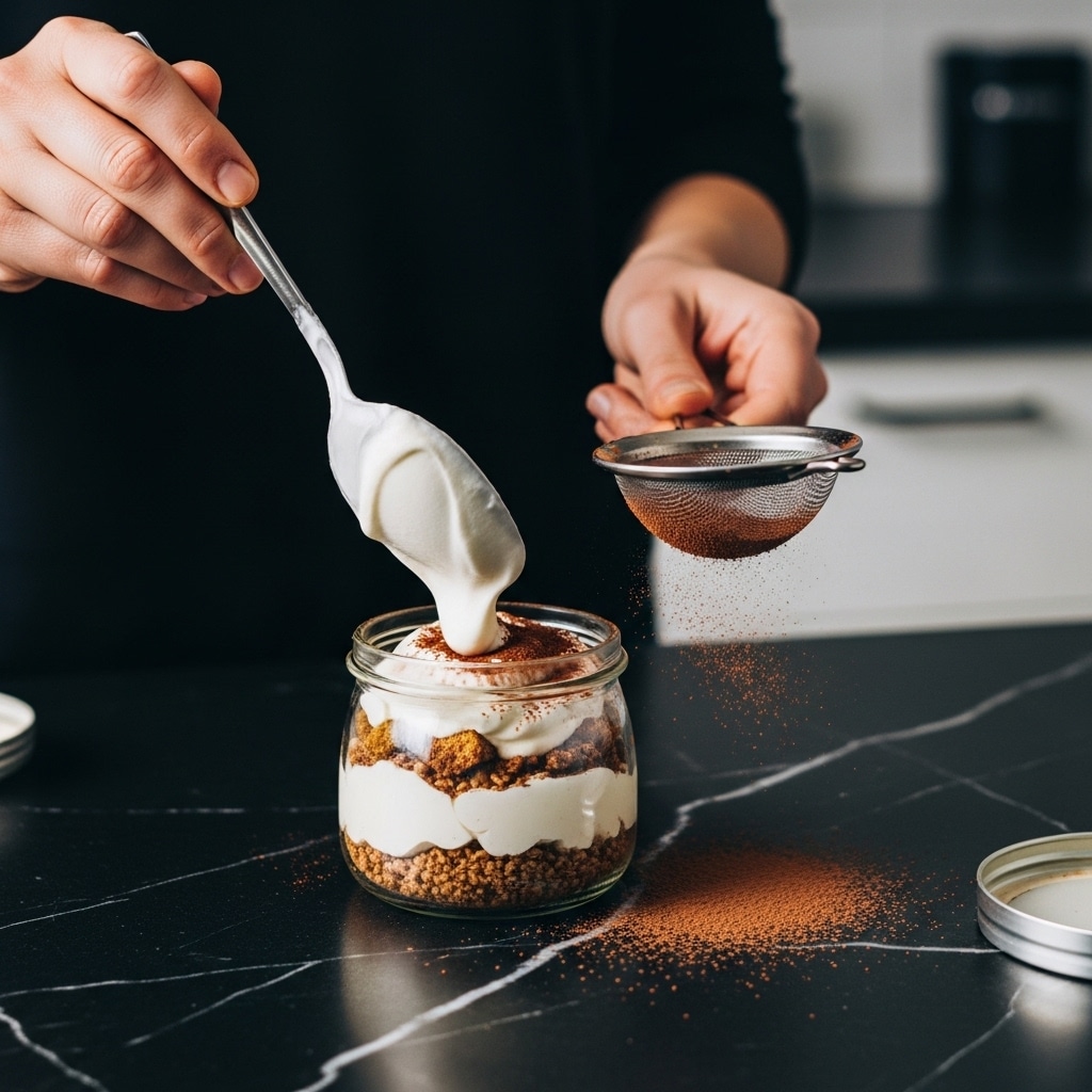 Layering mascarpone over low carb tiramisu oats