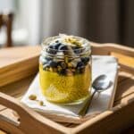 turmeric chia custard overnight oats with toppings in jar