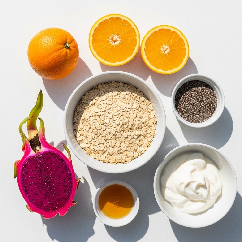 Ingredients for Dragon Fruit & Citrus Overnight Oats arranged flat lay
