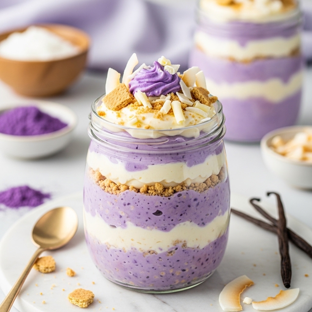 Ube cheesecake overnight oats layered in a glass jar