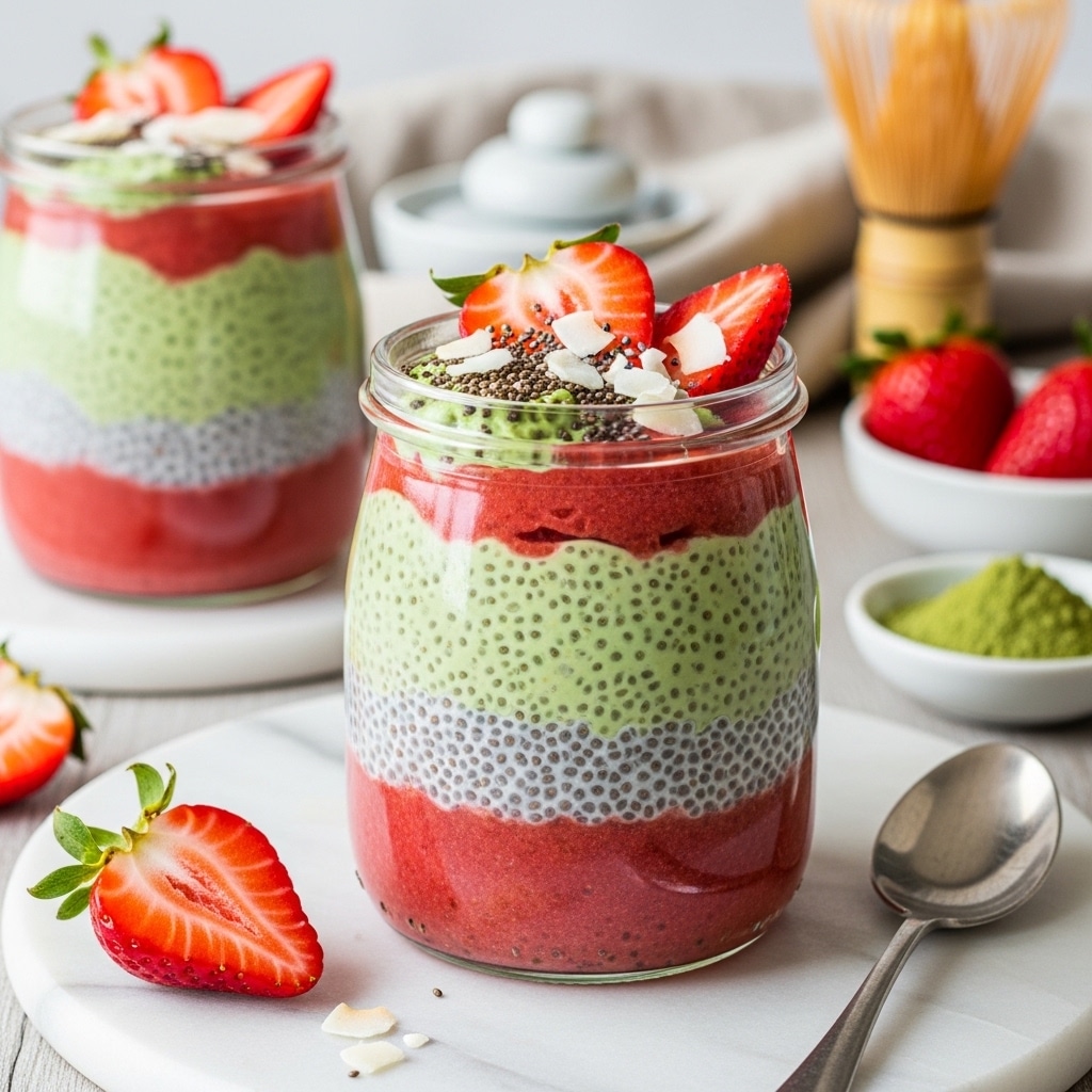 Matcha Chia Strawberry Pudding layered in glass jar