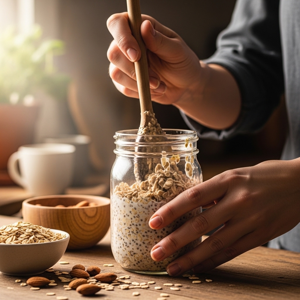 stirring overnight oats with almond milk