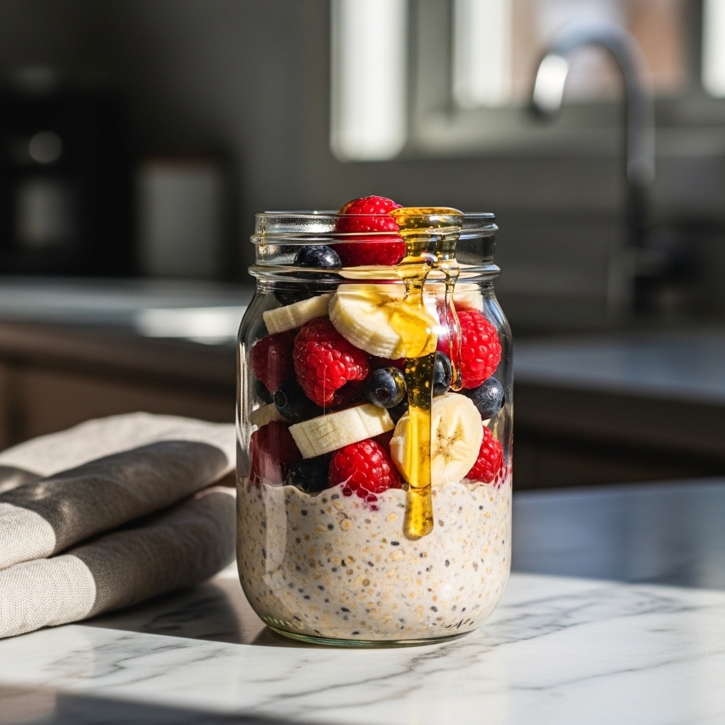 Creamy overnight oats ratio layered with berries in mason jar