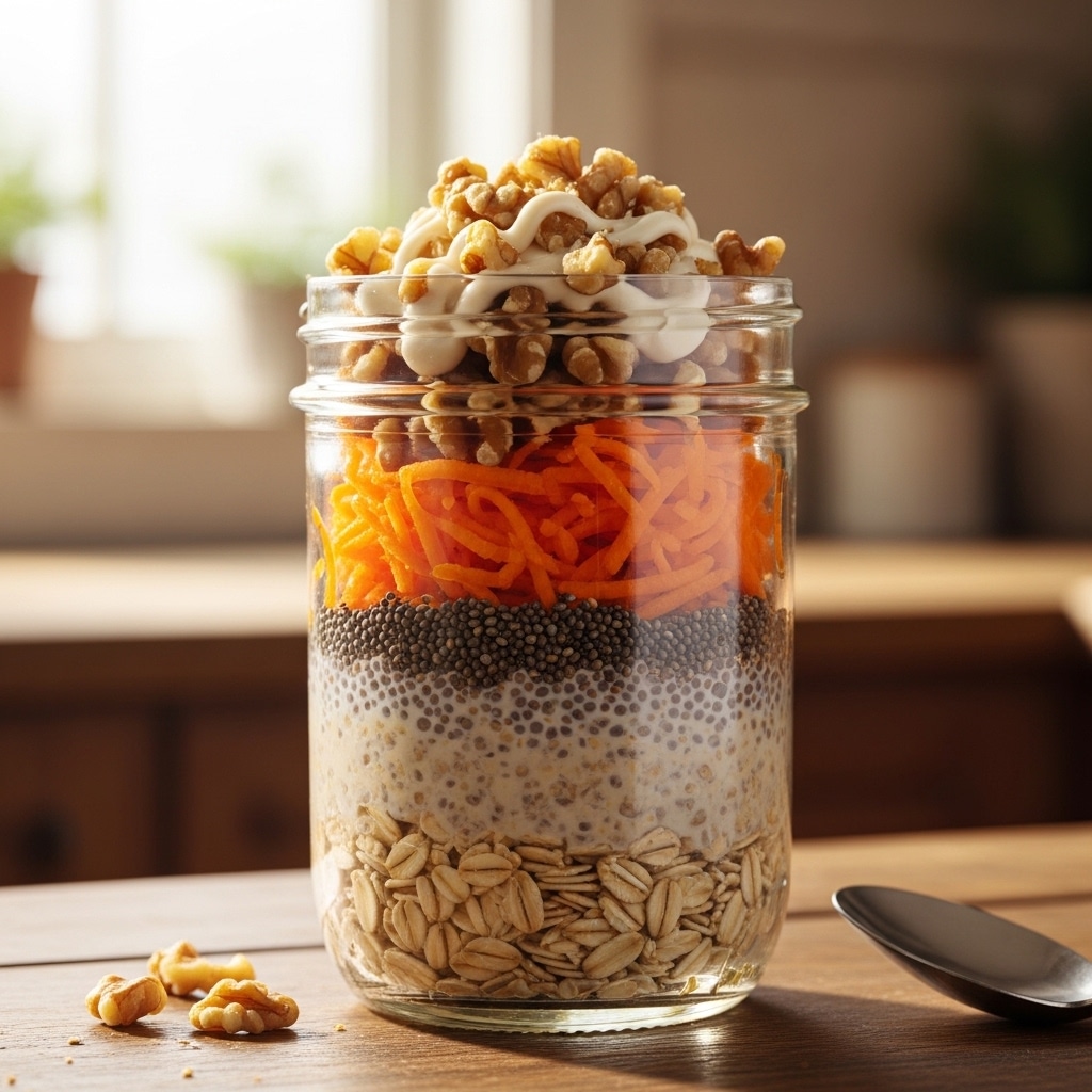 carrot cake overnight oats in mason jar with walnuts