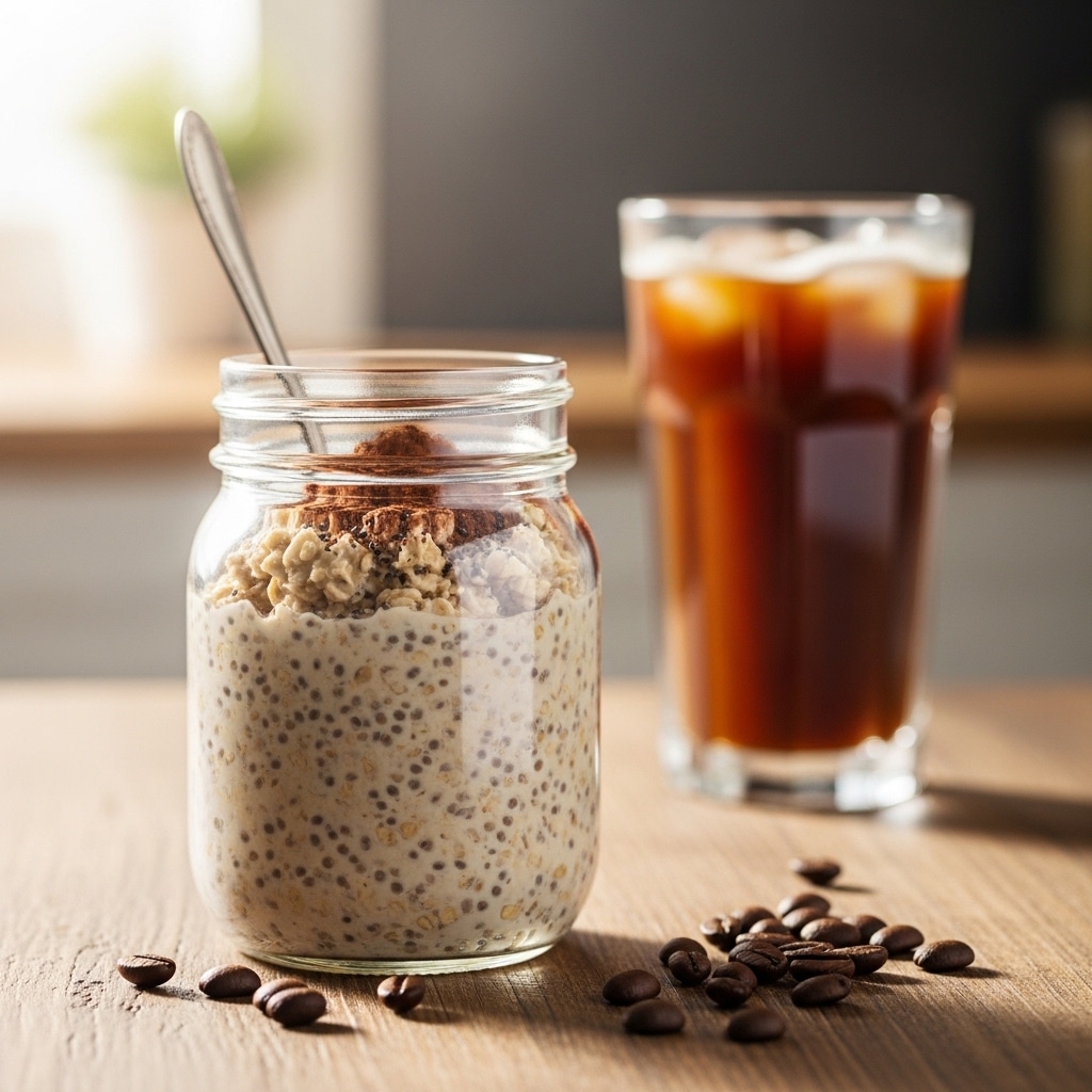 coffee overnight oats in mason jar with espresso beans