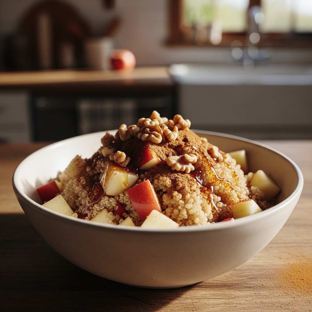 cinnamon apple quinoa breakfast bowl with walnuts