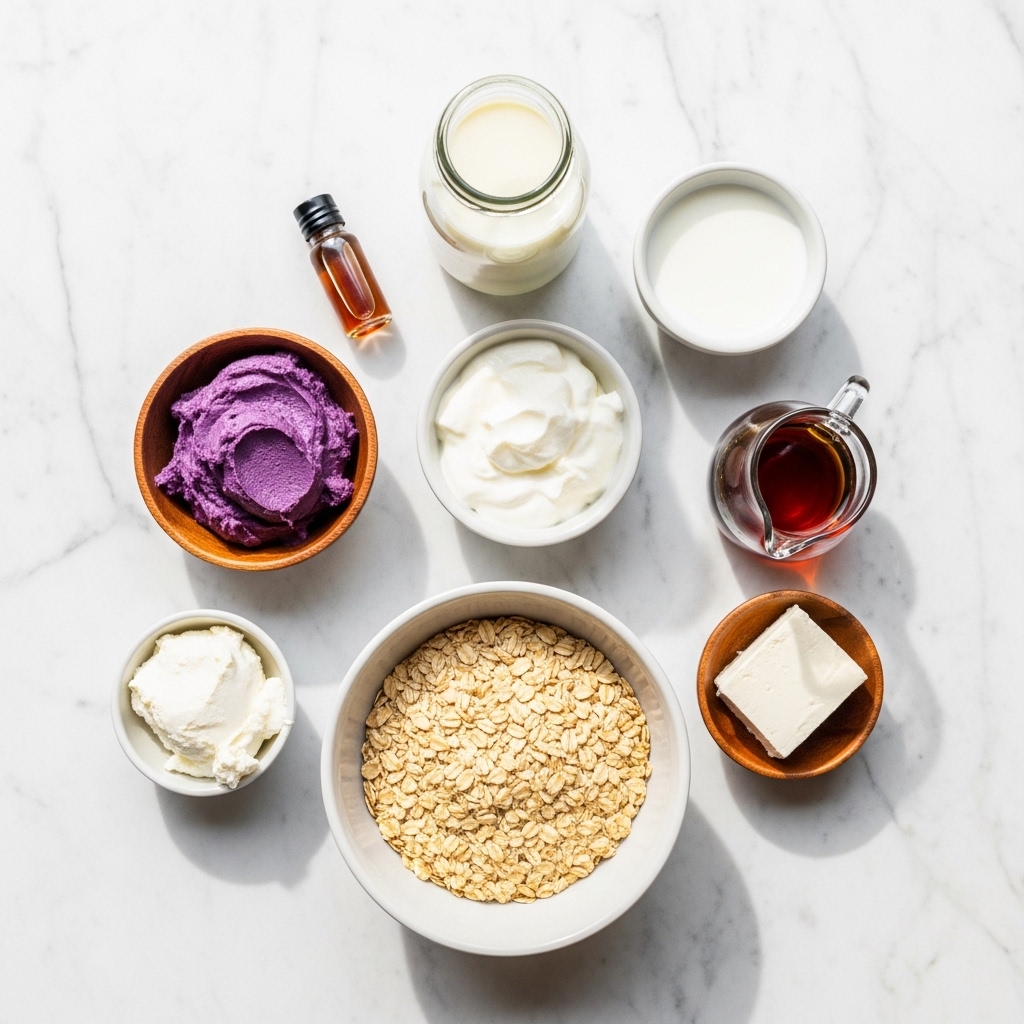 Ingredients for ube cheesecake overnight oats
