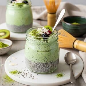 Creamy Matcha Chia Pudding in glass jar with fresh toppings