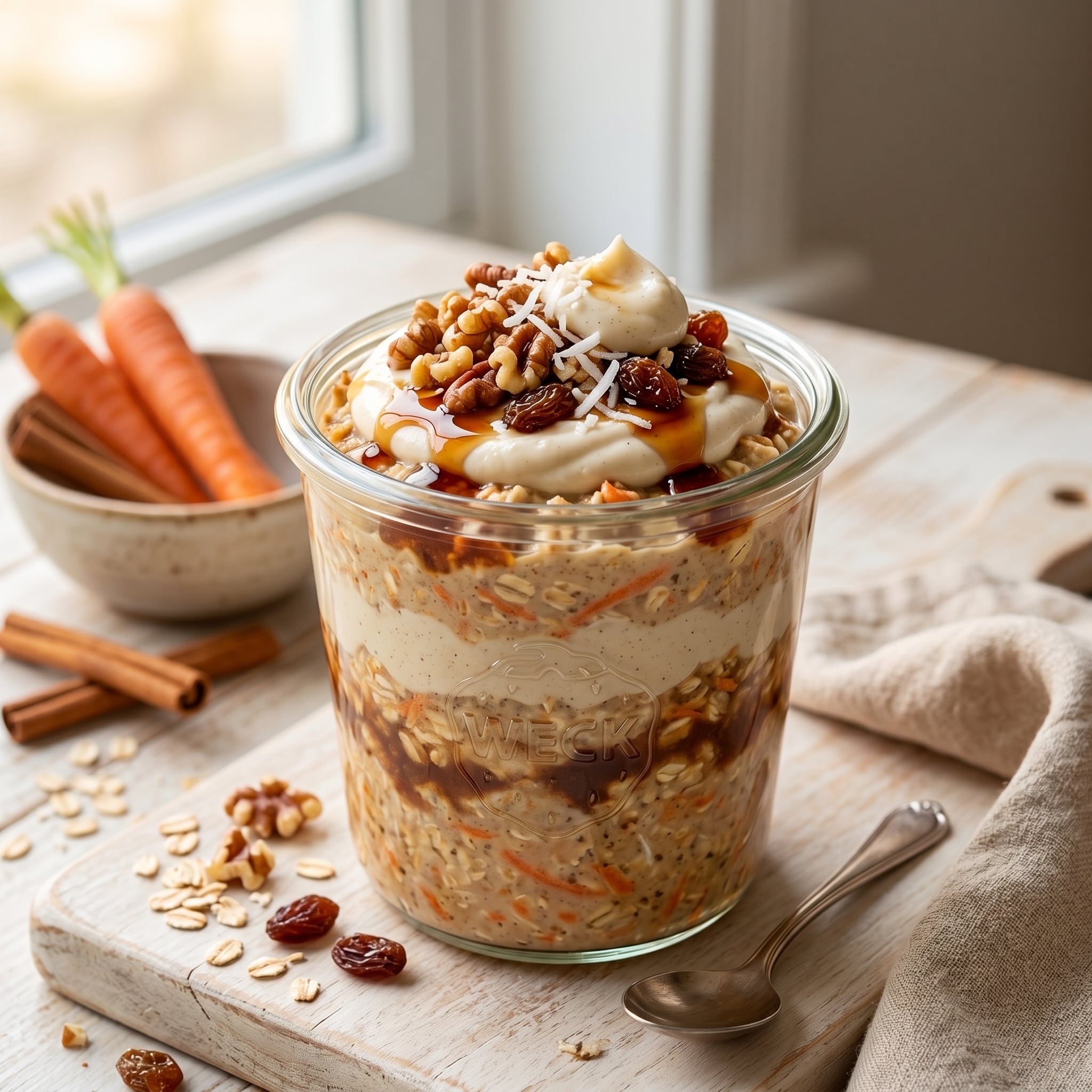 Carrot Cake Overnight Oats Recipe with Cinnamon and Raisins